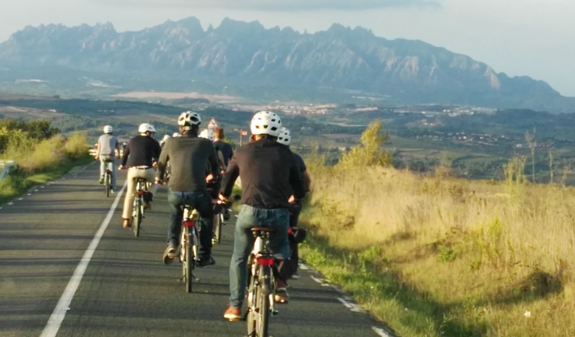 group on bicycles with Montserrat in the background