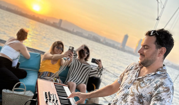 sunrise in wooden boat in Barcelona